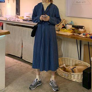 Buttoned Long-sleeve Midi Accordion Pleat Dress