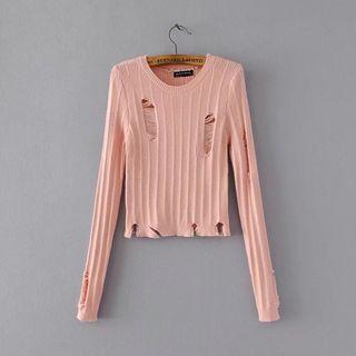 Cropped Ripped Long-sleeve Knit Top
