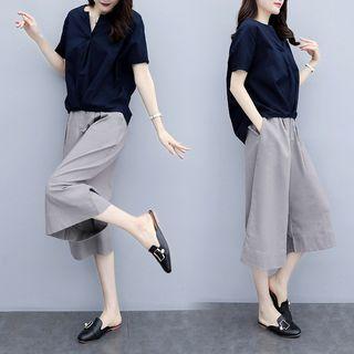 Set: Split-neck Short-sleeve Blouse + Cropped Wide-leg Pants