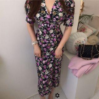 Floral Print Short-sleeve Midi Sheath Dress Black - One Size