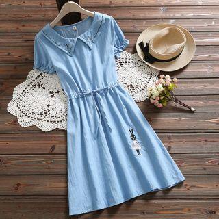 Short-sleeve Rabbit Embroidered Denim A-line Dress