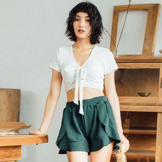Set: Bow Detail Short-sleeve Tankini + Swim Shorts