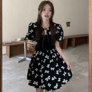 Puff-sleeve Butterfly Print Panel Mini A-line Dress