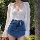 Lace Trim Camisole / Light Cardigan / Denim Mini Skirt