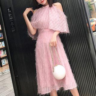 Cutout Shoulder Elbow-sleeve A-line Dress