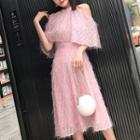 Cutout Shoulder Elbow-sleeve A-line Dress