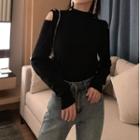 Buttoned Cold-shoulder Sweater Black - One Size