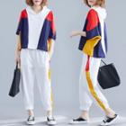 Set: Color Block Elbow-sleeve T-shirt + Sweatpants As Shown In Figure - One Size