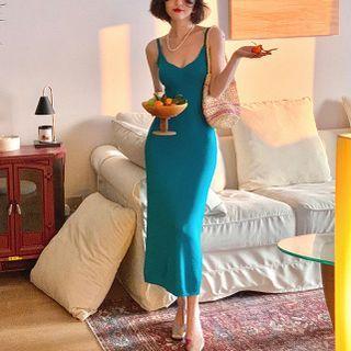Spaghetti Strap V-neck Plain Knit Sheath Dress