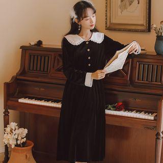 Ruffled Collar Long-sleeve Velvet Midi A-line Dress