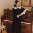 Ruffled Collar Long-sleeve Velvet Midi A-line Dress