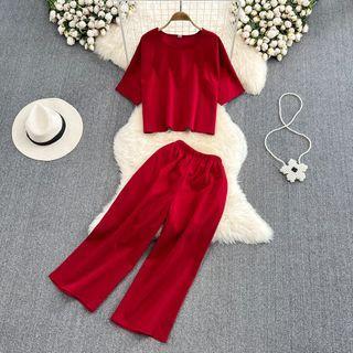 Set: Short Sleeve Plain T-shirt + High Waist Wide Leg Pants