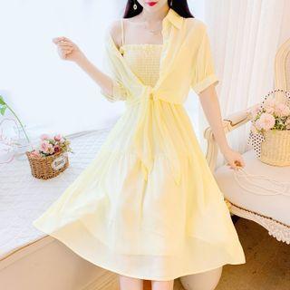Set: Short-sleeve Lace-up Shirt + Sleeveless Dress