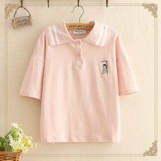 Striped-collar Embroidered Top