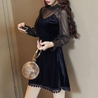 Set: Glitter Mesh Blouse + Spaghetti Strap Lace-trim Mini A-line Velvet Dress