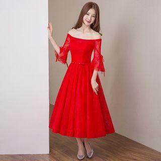 Off-shoulder Bell-sleeve Lace Cocktail Dress
