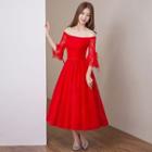 Off-shoulder Bell-sleeve Lace Cocktail Dress