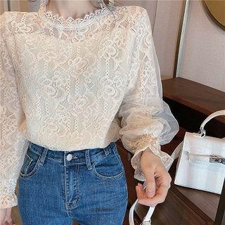 Lace Lantern-sleeve Blouse Off-white - One Size
