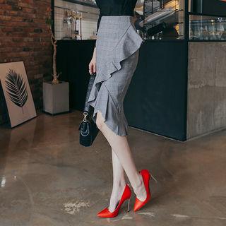 Ruffled Glen-plaid Midi Skirt
