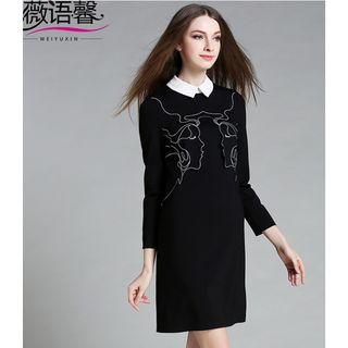 Embroidered Collared Long Sleeve Dress