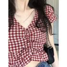 Ruched Checked Crop Blouse