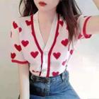 Short-sleeve Heart Print Pearl Button-up Knit Top