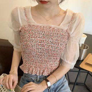 Balloon-sleeve Mesh Top / Floral Print Smocked Camisole Top