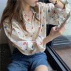 Long-sleeve Floral Print Blouse Floral - Beige - One Size