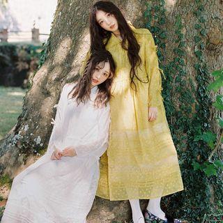 Tie-sleeve Lace Panel Midi A-line Chiffon Dress