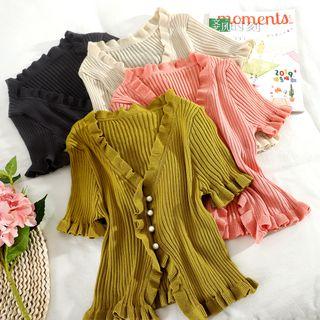 Ruffle Trim Ribbed Short-sleeve Cardigan