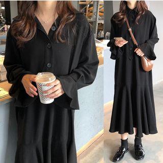 Long-sleeve Button-detail Midi Dress