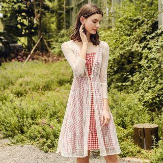 Set: Lace Long Jacket + Spaghetti Strap Plaid A-line Dress