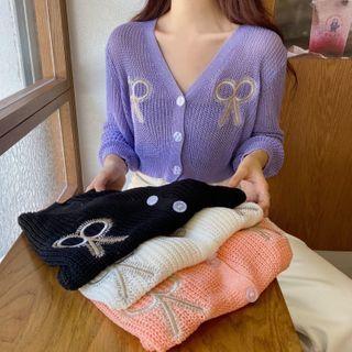 Bow Embroidered V-neck Cropped Knit Cardigan