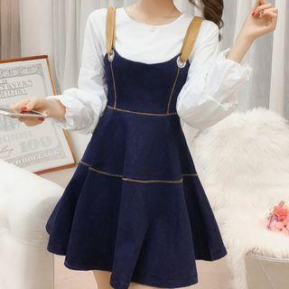 Set: Lantern-sleeve Blouse + Denim A-line Dress
