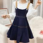 Set: Lantern-sleeve Blouse + Denim A-line Dress