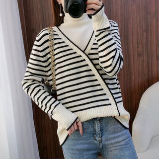 Turtleneck Mock Two-piece Striped Sweater