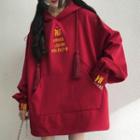Letter Embroidered Hoodie Red - One Size