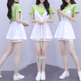 Set: Short-sleeve T-shirt + Spaghetti Strap Wide-leg Playsuit