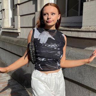 Sleeveless Printed Mesh Cropped Top
