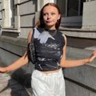 Sleeveless Printed Mesh Cropped Top