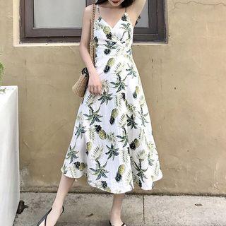 Pineapple Print Midi Spaghetti Strap Dress