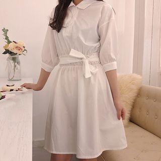 Plain 3/4-sleeve Collared Dress White - One Size