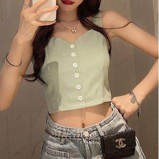 Gingham Button-up Crop Tank Top