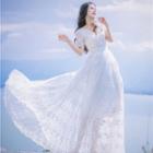 Floral Embroidered Short-sleeve Tie-waist V-neck Plain Lace Dress