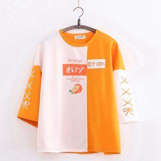 Short-sleeve Peach Print Panel T-shirt Orange - One Size