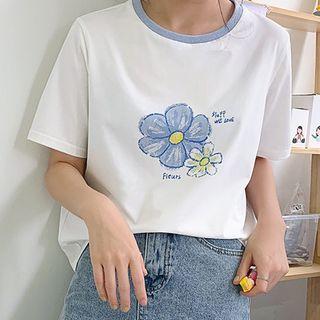 Contrast-trim Flower Print Short-sleeve Tee