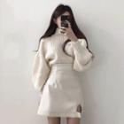 Lantern-sleeve Mock-neck Sweater / Mini A-line Skirt