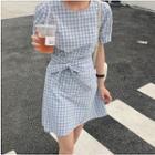 Short-sleeve Plaid Tie-waist Mini Dress