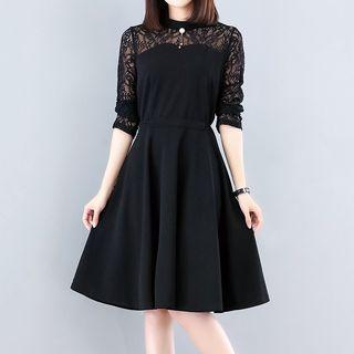 Long-sleeves Lace Panel A-line Dress