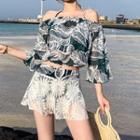 Set: Leaf Print Swim Top + Skirt + Cover Up